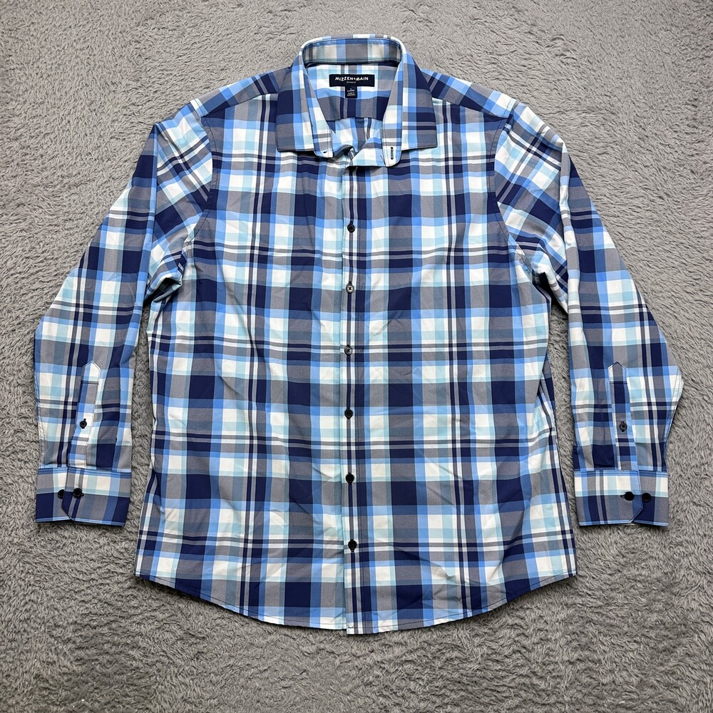Mizzen Main Leeward Shirt Mens L Blue Plaid Classic Button Stretch Light